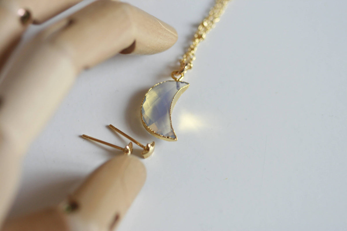 Delicate Moonstone Moon Necklace and Star Earrings | Crystal Jewellery SET
