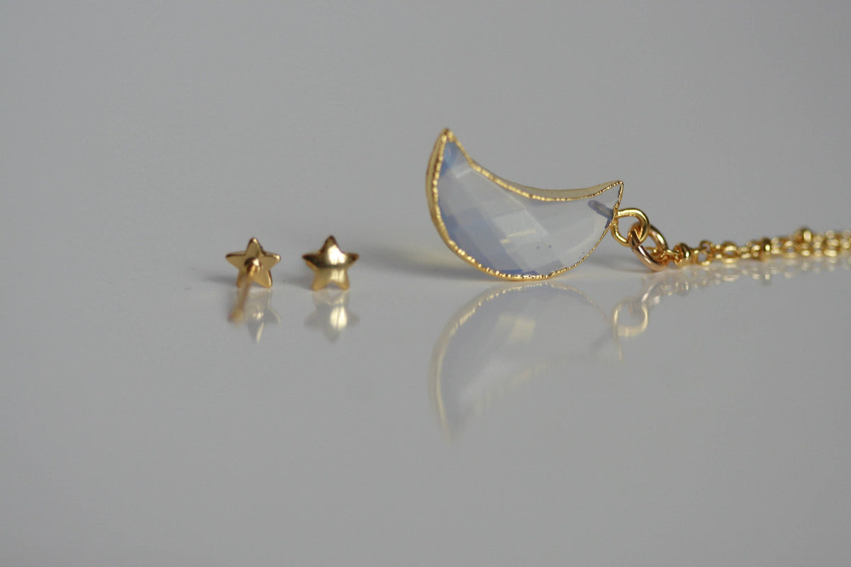 Delicate Moonstone Moon Necklace and Star Earrings  | Crystal Jewellery SET