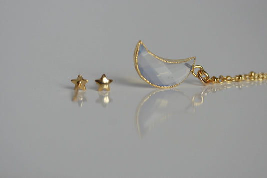 Delicate Moonstone Moon Necklace and Star Earrings  | Crystal Jewellery SET