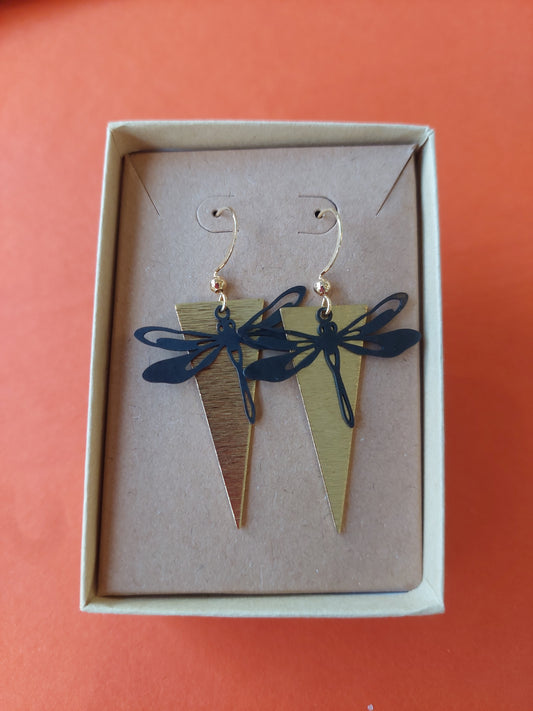 Brass Statement Triangle & Dragonfly Earrings