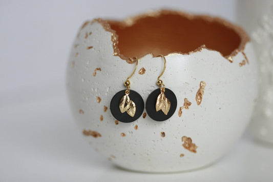 Black Disc & Gold Leaf Earrings | Monad