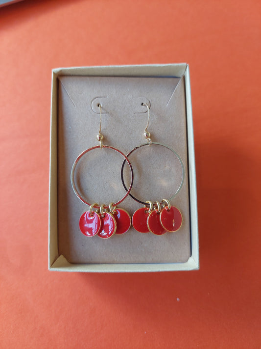 Enamel Earrings with 3 Red Discs