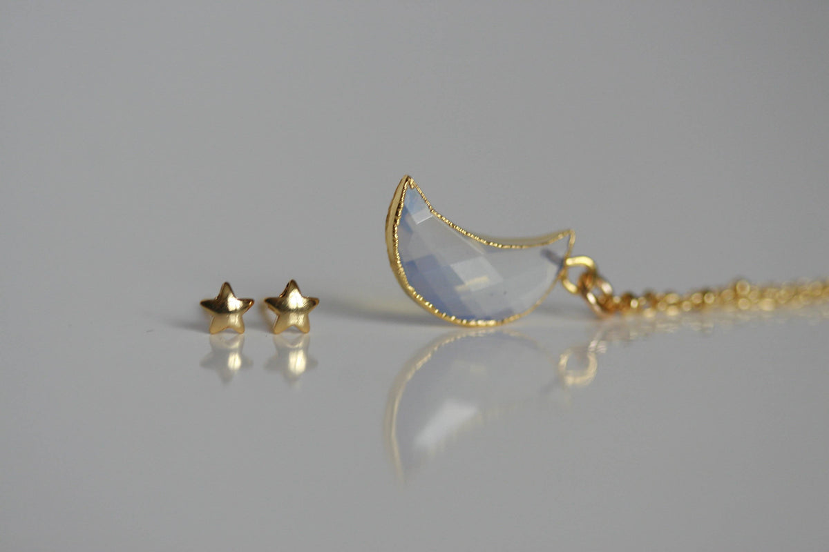 Delicate Moonstone Moon Necklace and Star Earrings  | Crystal Jewellery SET