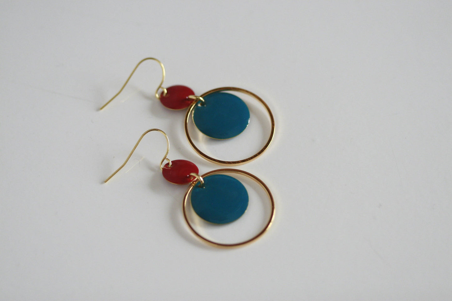Blue & Red Enamel & Gold Earrings | Triple Circle