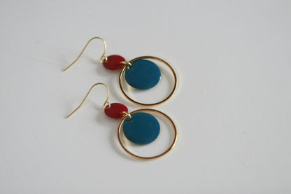 Blue & Red Enamel & Gold Earrings | Triple Circle
