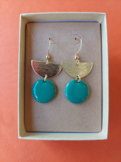 Enamel Earrings Green with Semi Circle Disc