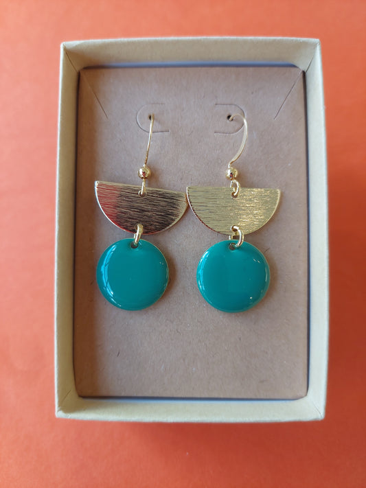 Enamel Earrings Green with Semi Circle Disc