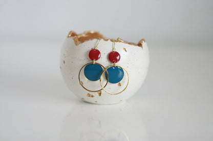 Blue & Red Enamel & Gold Earrings | Triple Circle