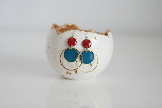 Blue & Red Enamel & Gold Earrings | Triple Circle
