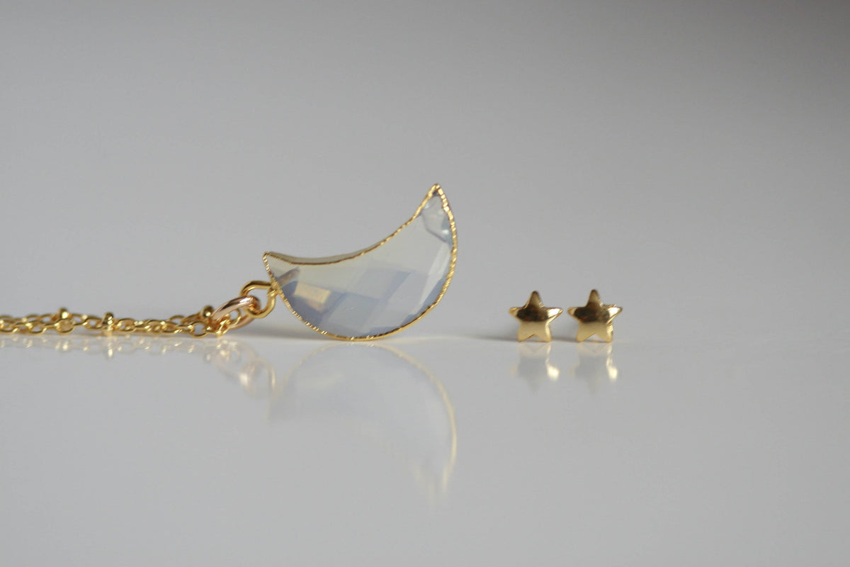 Delicate Moonstone Moon Necklace and Star Earrings  | Crystal Jewellery SET