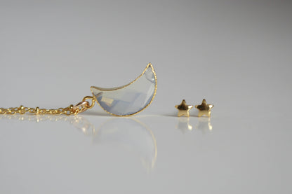Delicate Moonstone Moon Necklace and Star Earrings  | Crystal Jewellery SET