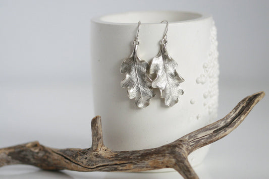 Large Oak Leaf Earrings  | Silver Plated