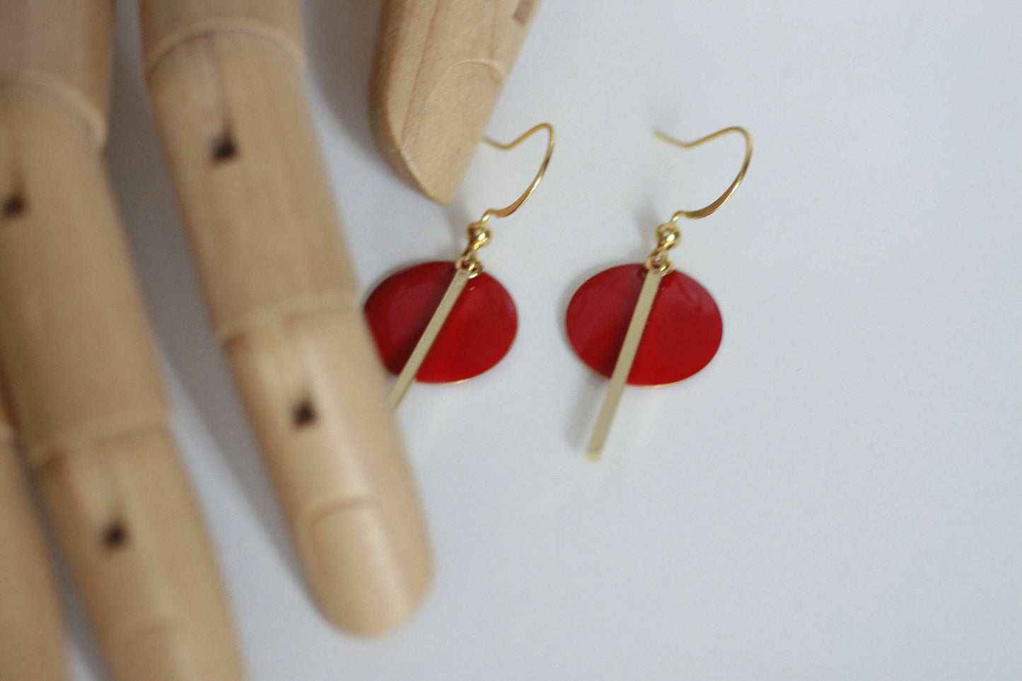 Scarlet Red Enamel Disc & Gold Bar Earrings
