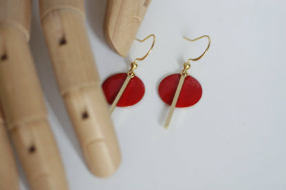 Scarlet Red Enamel Disc & Gold Bar Earrings