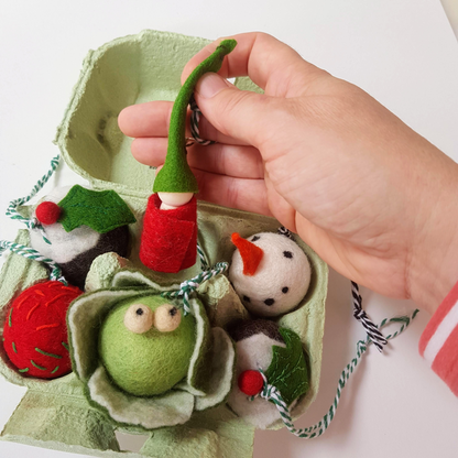 Box Of Wonder - Handfelted by T Lundy Snowman, Brussel Sprout, Angel, Plum Pudding, Gnome and Love Heart Tree Decorations..