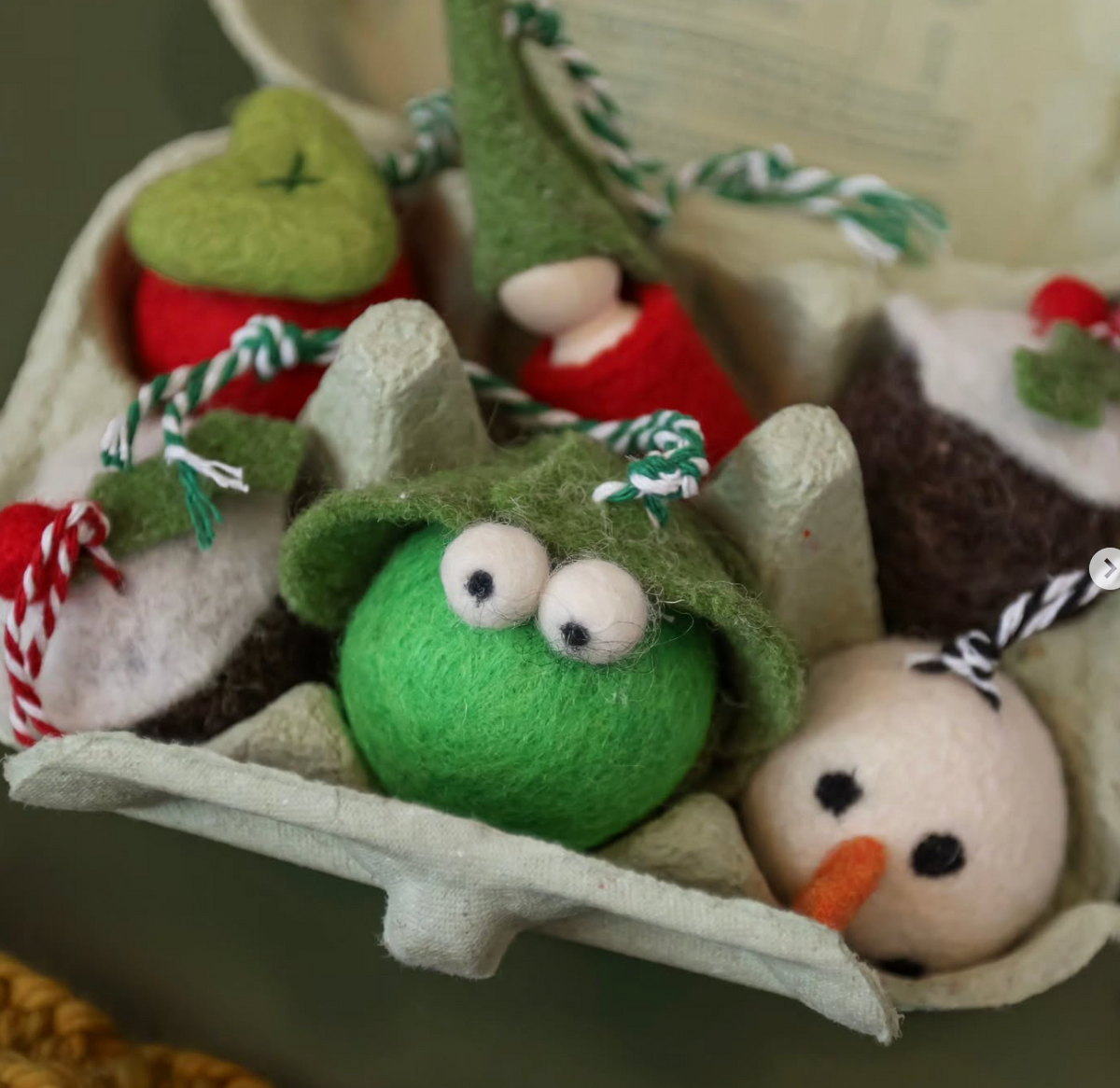 Box Of Wonder - Handfelted by T Lundy Snowman, Brussel Sprout, Angel, Plum Pudding, Gnome and Love Heart Tree Decorations..