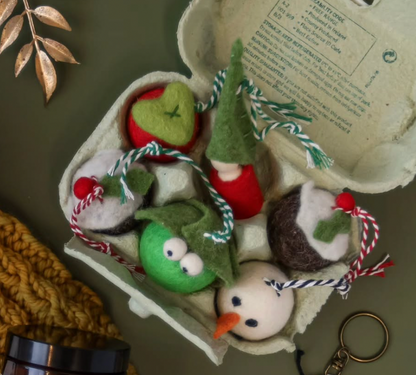 Box Of Wonder - Handfelted by T Lundy Snowman, Brussel Sprout, Angel, Plum Pudding, Gnome and Love Heart Tree Decorations..