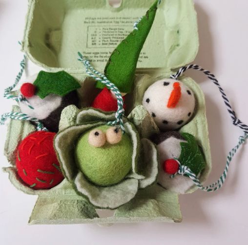 Box Of Wonder - Handfelted by T Lundy Snowman, Brussel Sprout, Angel, Plum Pudding, Gnome and Love Heart Tree Decorations..