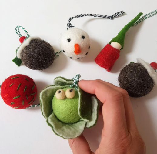 Box Of Wonder - Handfelted by T Lundy Snowman, Brussel Sprout, Angel, Plum Pudding, Gnome and Love Heart Tree Decorations..