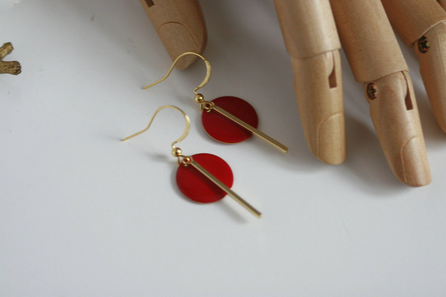 Scarlet Red Enamel Disc & Gold Bar Earrings
