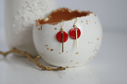 Scarlet Red Enamel Disc & Gold Bar Earrings