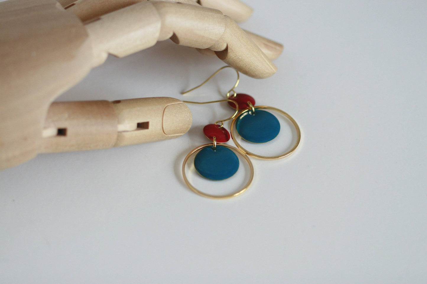 Blue & Red Enamel & Gold Earrings | Triple Circle