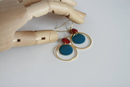 Blue & Red Enamel & Gold Earrings | Triple Circle