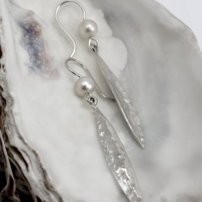 Single Leaf With Pearl Silver Earrings