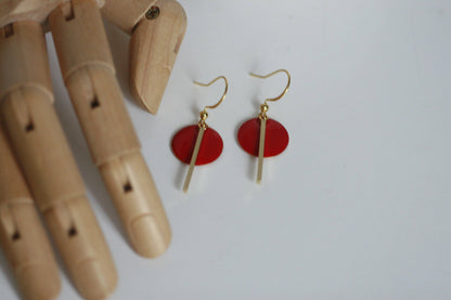 Scarlet Red Enamel Disc & Gold Bar Earrings